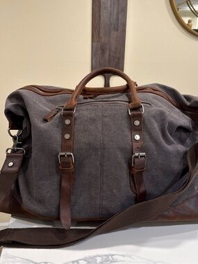 Canvas and Leather Travel Duffle Bag in Charcoal Gray